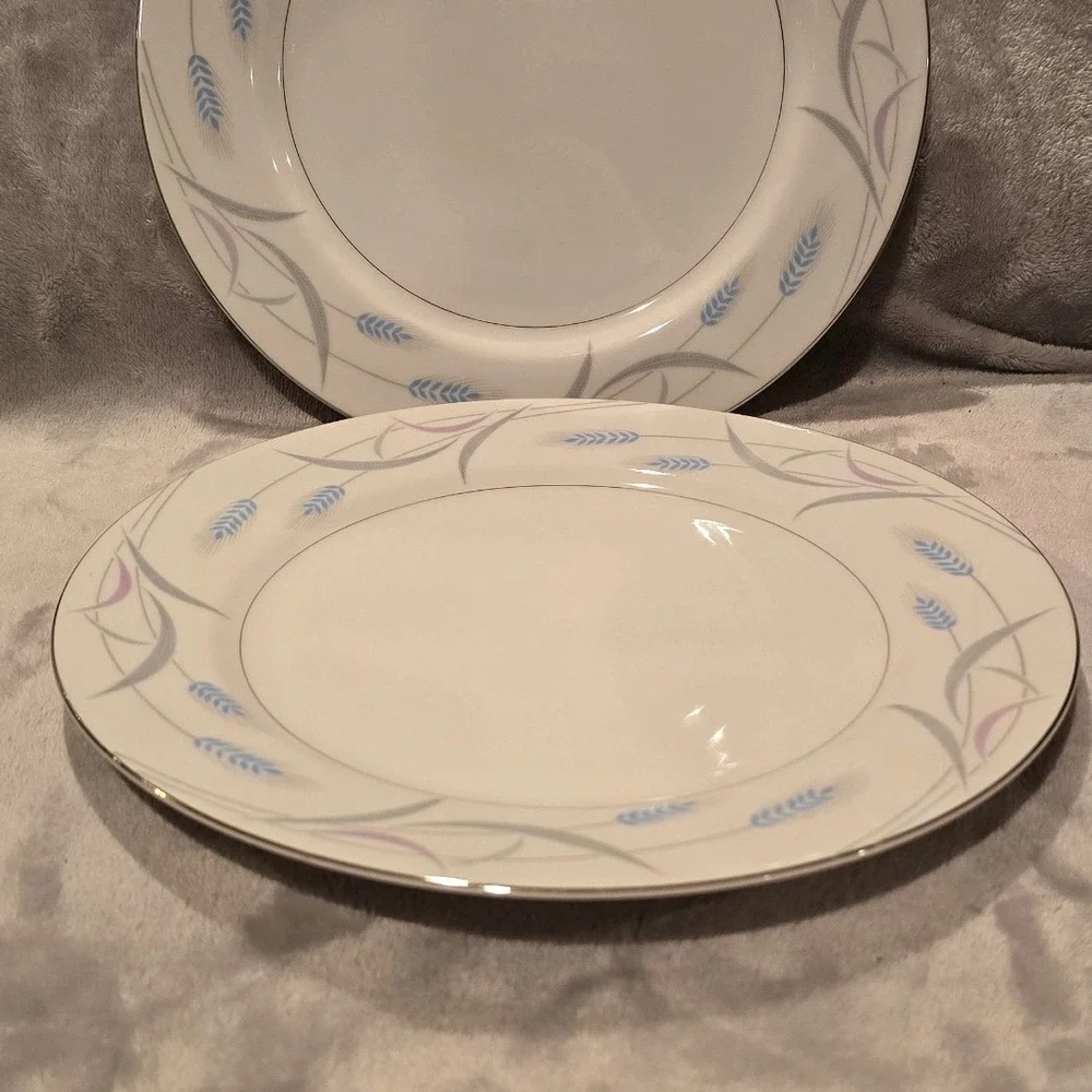 Valmont China Royal Wheat Dinner Plates Set of 2 Blue Lavender Silver Rim Japan